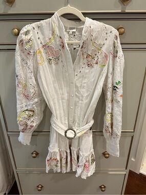 HEMANT & NANDITA White Embroidered Mini Dress with Pastel Accents